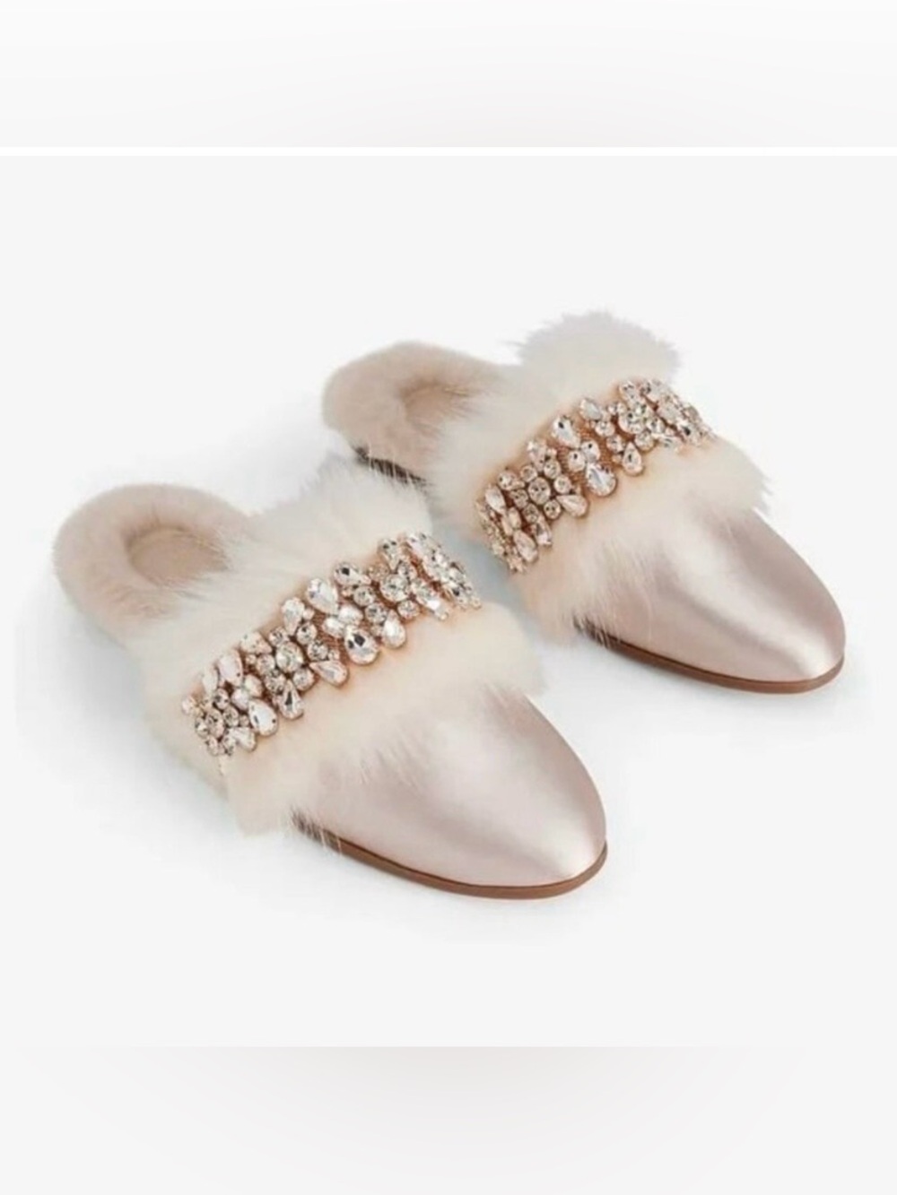 Express Champagne Satin Faux Fur Lined  Embellished Mules /Slippers